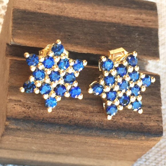 Natural Sapphire Earrings Star Of David 9K Yellow Gold Studs Australian Gems - Picture 11 of 15